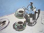 Coffeepot, Two Green Cups & Saucers