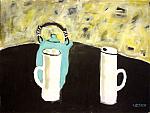 Two White Mugs, Green Teapot
